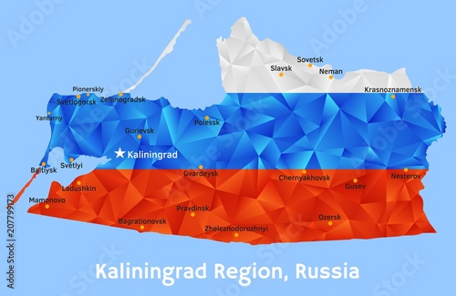 Vector geometric polygonal map of Kaliningrad Region, Russia painted in the colors of the national flag, with Marked Largest Settlements