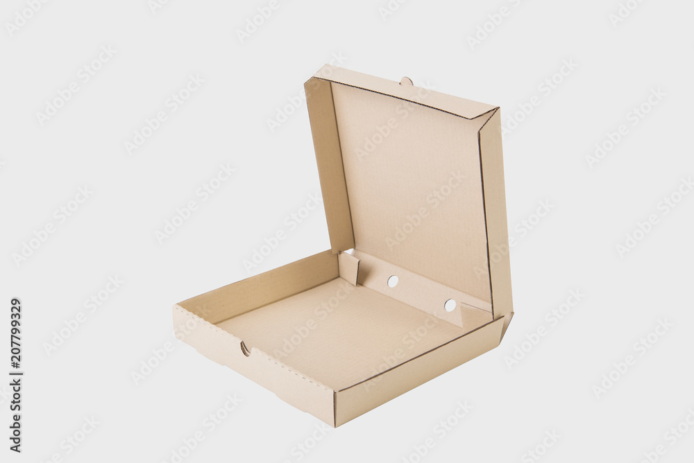 Open Cardboard brown paper box for pizza mockup branding.