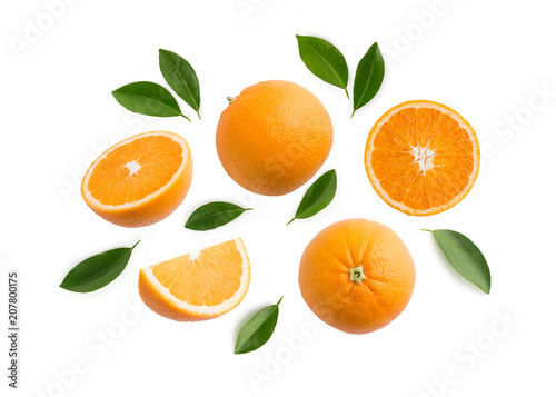 Group of slices  whole of fresh orange fruits and leaves isolated on white background. Top view