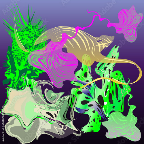 Fantastic underwater world: mollusks, seaweed, jellyfishes