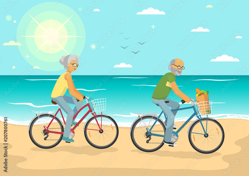 Fototapeta premium Senior couple on bikes. Senior woman and senior man cycling on the summer sea beach. Healthy lifestyle, sport, transportation concept vector illustration.