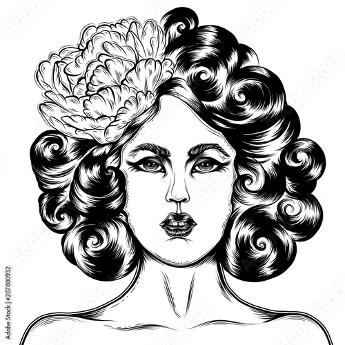 Vector hand drawn tattoo pin up girl.  A girl in retro style with a curly hairstyle and a pion in her hair. T-shirt print design. Face of a woman close up. Isolated on white background