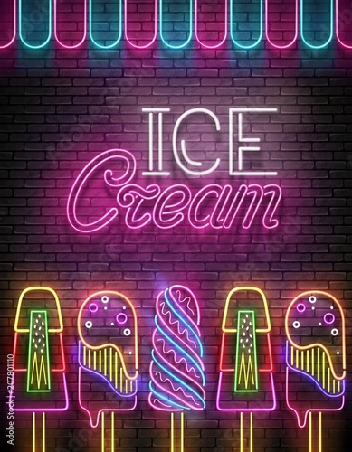 Vintage Glow Poster with Ice Cream Lolly and Inscription. Neon Lettering
