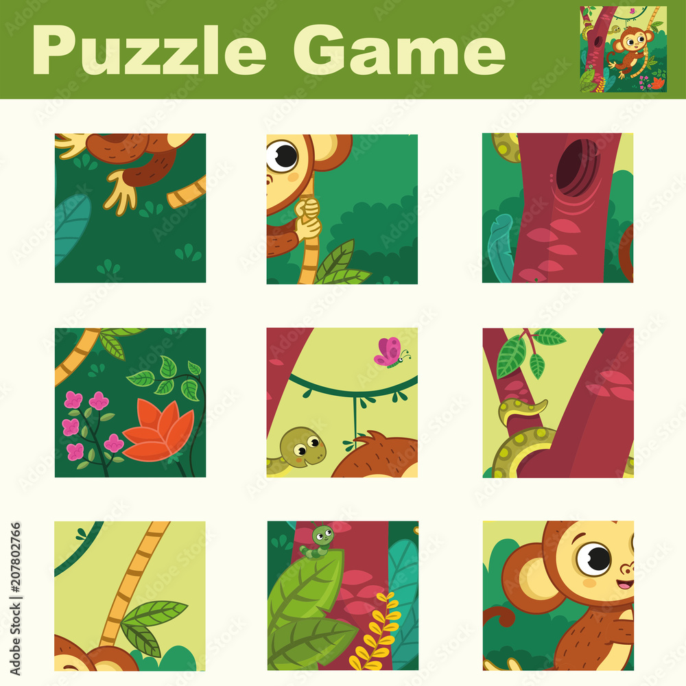 Puzzle for children featuring a cute monkey. Match pieces and complete the picture. Activity for preschool children. Vector illustration.
