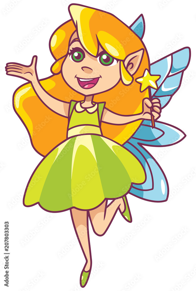 Illustration of happy little cartoon fairy, flying on white background.