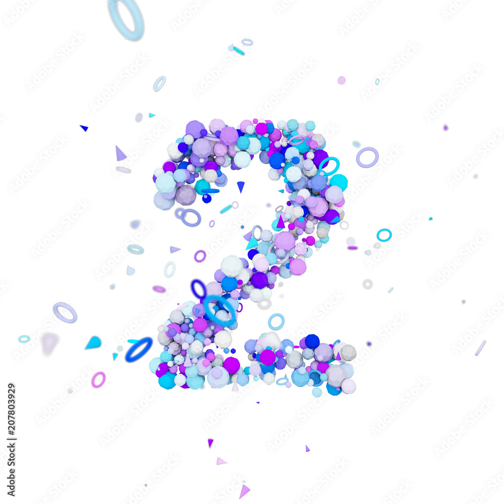 Alphabet number 2. Funny font made of blue balls. 3D render isolated on white background.