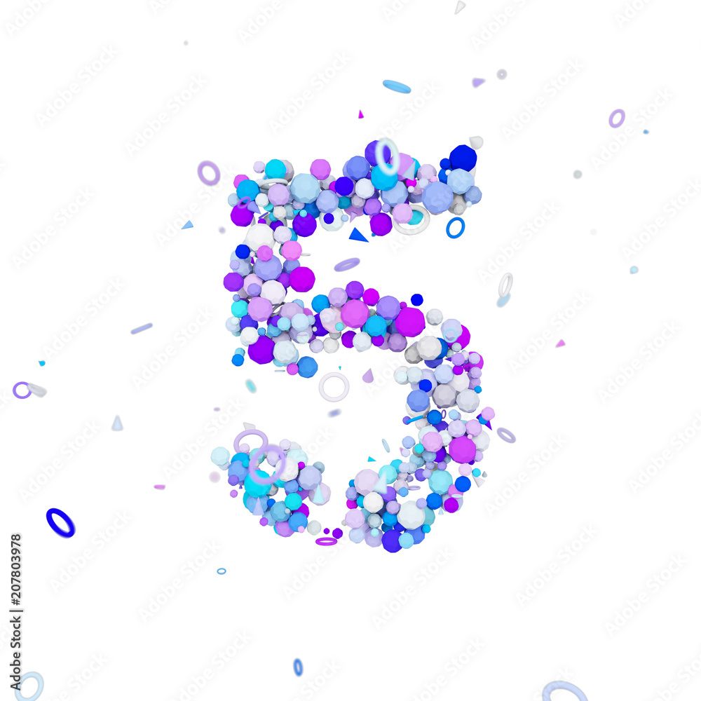 Alphabet number 5. Funny font made of blue balls. 3D render isolated on white background.