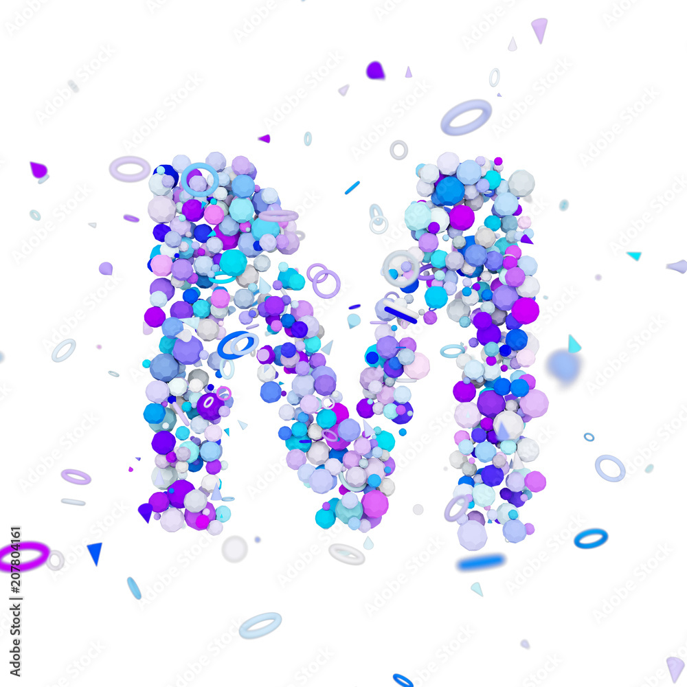 Alphabet letter M uppercase. Funny font made of blue balls. 3D render isolated on white background. Alphabet letter M uppercase. Funny font made of blue balls. 3D render isolated on white background.