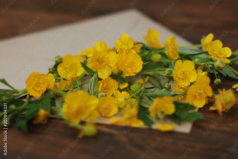 Yellow Little Flowers in Envelope Rustic Wooden Background Banner Flat Lay