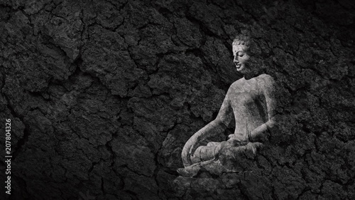 buddha statue on a teak bark texture - abstract monochrome background