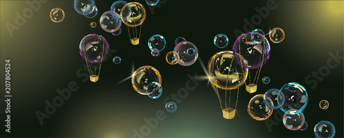 Bubble. Balloons with baskets in the form of soap bubbles. Fantastic illustration for children.
