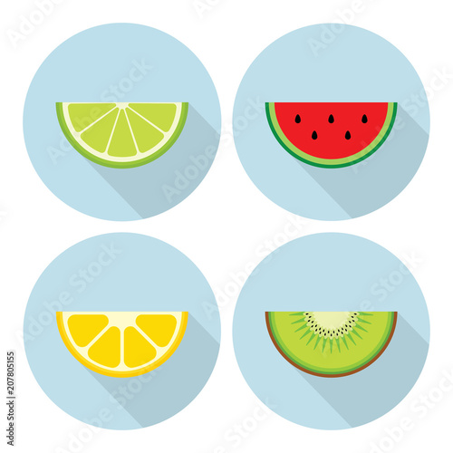 Flat fruit set. Lime, lemon, watermelon, kiwi slice vector icon. Mandarin, orange, citrus, tropical