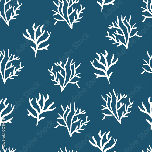 Seaweed on a navy background. Seamless pattern of marine plants. Vector background with unerwater plants