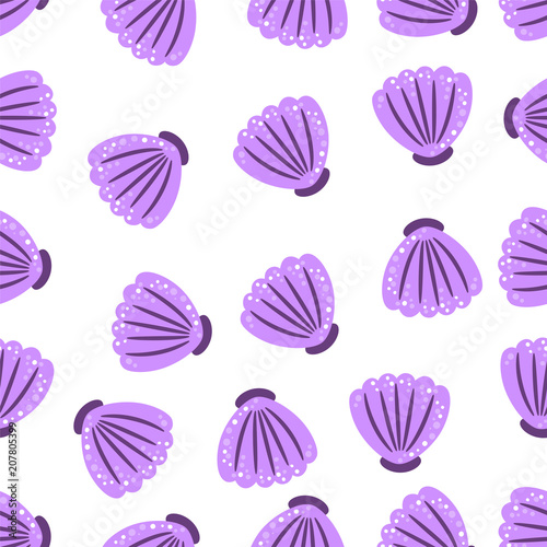 Vector sea shell pattern. Ocean purple color sketch. Travel trendy summer texture. Happy vacation print