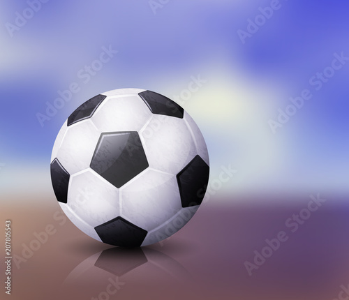 Realistic soccer ball illustration with reflection on abstract blurred background. EPS 10