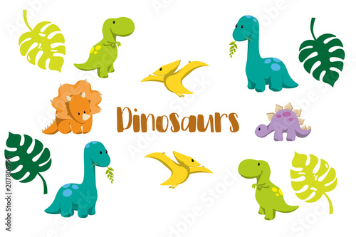 Dinosaur icons in flat style for designing dino party, children holiday, dinosaurus related materials © Anna