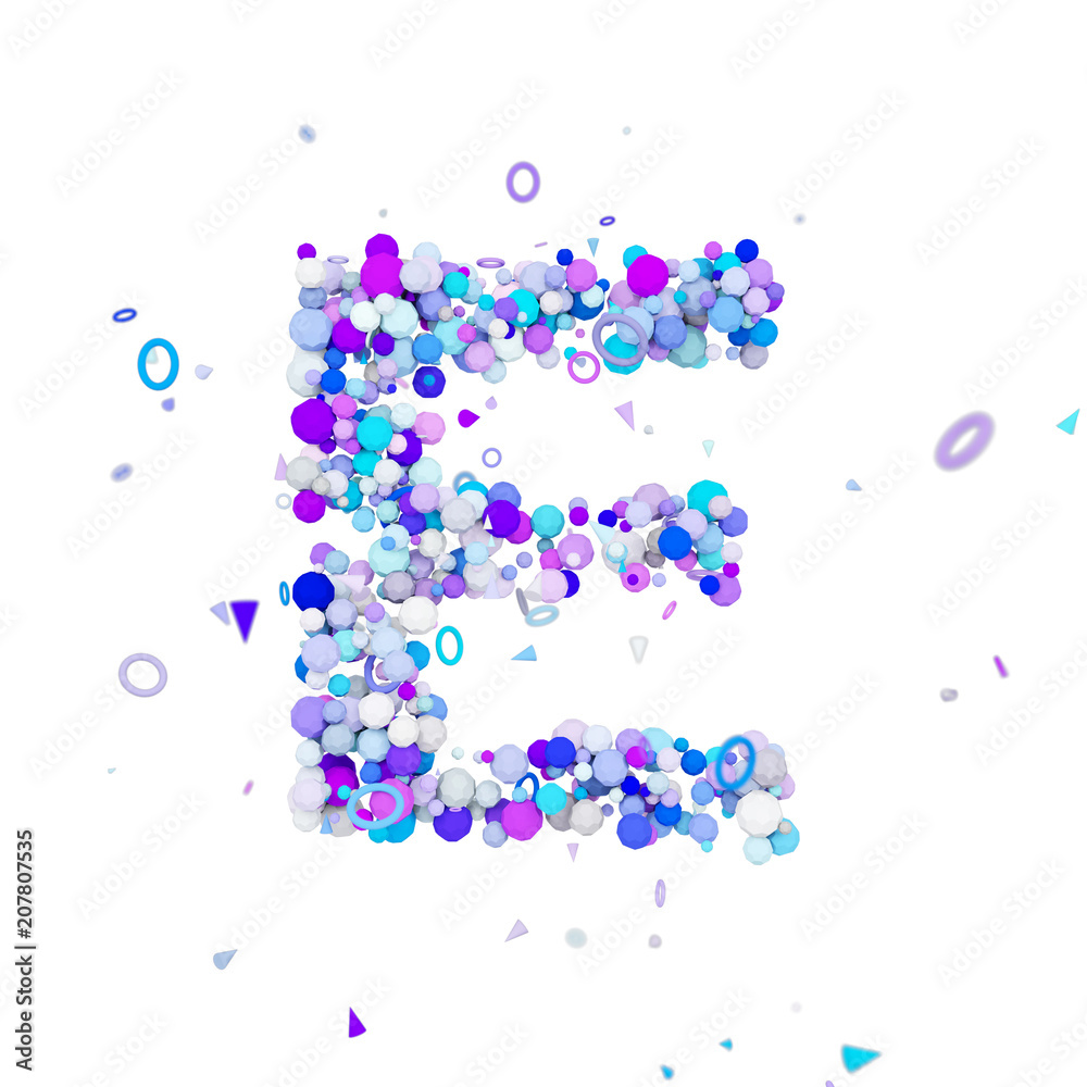 Alphabet letter E uppercase. Funny font made of blue balls. 3D render isolated on white background.