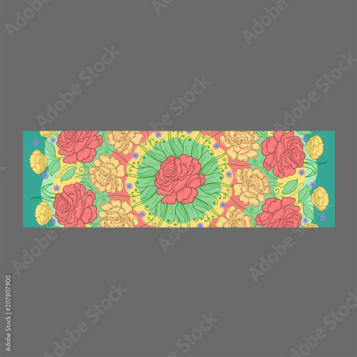 Vector banner with floral ornament. Rose, tulip, leaf. Circular ornament.