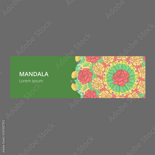 Vector banner with floral ornament. Rose, tulip, leaf. Circular ornament.