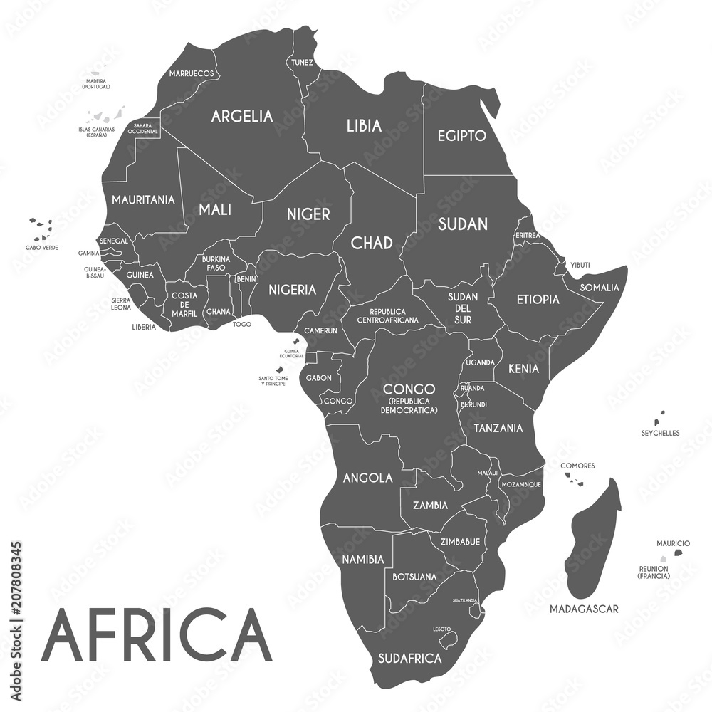 Political Africa Map vector illustration isolated on white background with  country names in spanish. Editable and clearly labeled layers. Stock Vector  | Adobe Stock