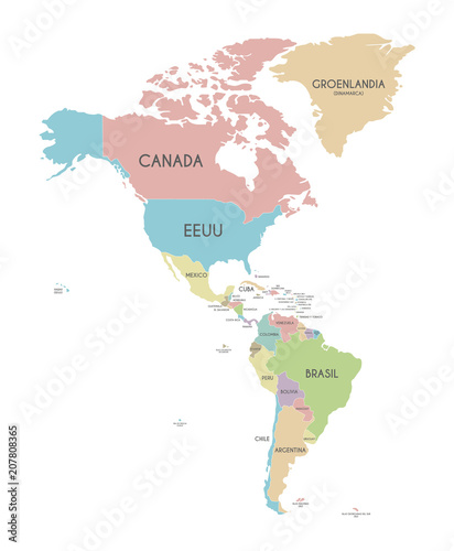 Political America Map vector illustration isolated on white background with country names in spanish. Editable and clearly labeled layers.