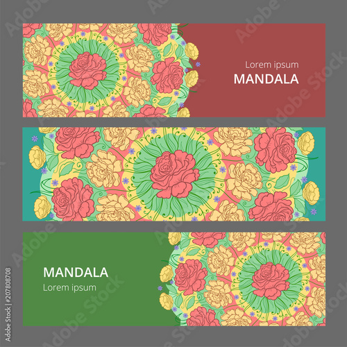 Vector banner set with floral ornament. Rose, tulip, leaf. Circular ornament.