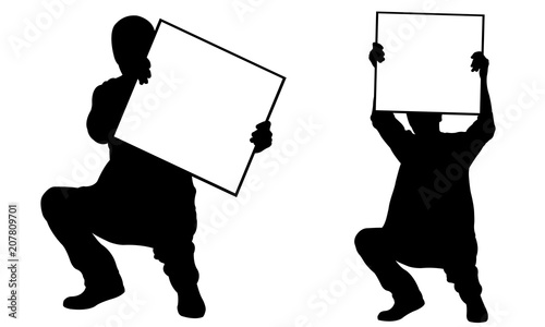 People holding panels in a crouch position isolated on white