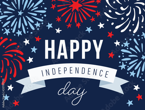 Happy Independence day, 4th July national holiday. Festive greeting card, invitation with hand drawn fireworks in USA flag colors. Vector illustration background, web banner. photo