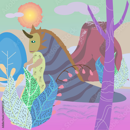 Fantastic landscape with fantastic prehistoric animals, extinct dinosaurs, vector illustration