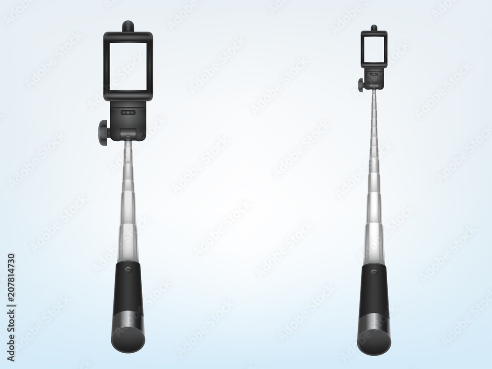 Vector 3d realistic telescopic monopod for smartphone, folding handle. Phone holder for photo, selfiestick. Aluminum camera stand for video stability, photographer device. Modern tool, selfie stick Vector 3d realistic telescopic monopod for smartphone, folding handle. Phone holder for photo, selfiestick. Aluminum camera stand for video stability, photographer device. Modern tool, selfie stick