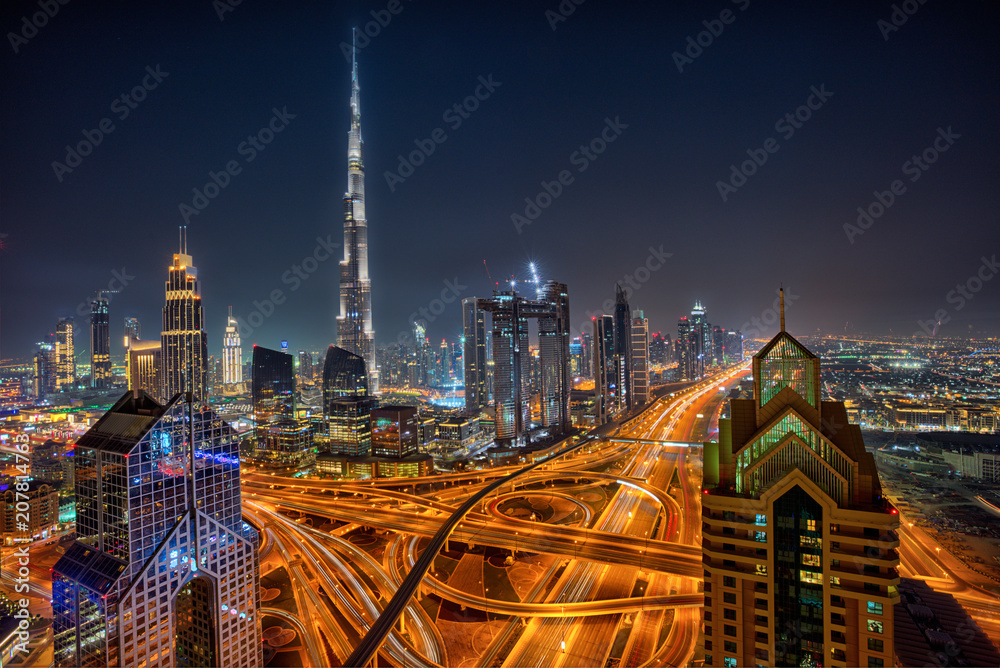 Dubai Skyline During Night With Amazing City Center Lights And Sheikh Dubai Skyline During Night With Amazing City Center Lights And Sheikh