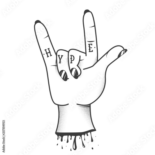 Hype sign tatoo on hand with rock and roll cool gesture. Modern old school font 