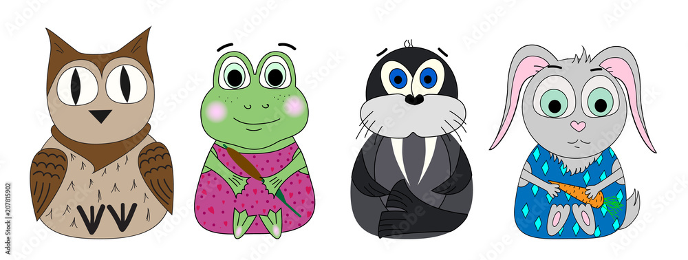 Obraz premium set of animals. Owl, frog, walrus, rabbit Cartoon print, cute print.
