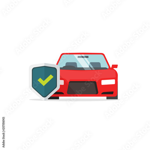 Car protection vector symbol, flat cartoon auto with shield and tick, concept of protected automobile sign, car insurance, vehicle guard label isolated on white