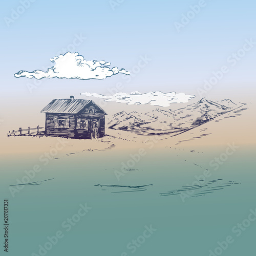Small country house in mountains, hand drawn doodle sketch, outline vector illustration on soft background