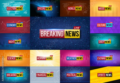Creative vector illustration of breaking news background. World, sports, weather, financial, political, culture, science, morning, night, daily, evening, economy, music, election, special tv show