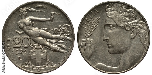 Fotografie Italy Italian coin 20 twenty centesimo 1920, allegorical woman with torch flying