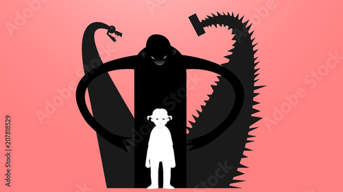 Vector drawing of a sad, depressed girl surrounded by three monsters which are bullying on pink-reddish background illustration