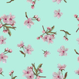 Sakura Seamless Pattern on Mint Background. Digital Watercolor Vintage Floral Pattern for Background, Print, and Textile.