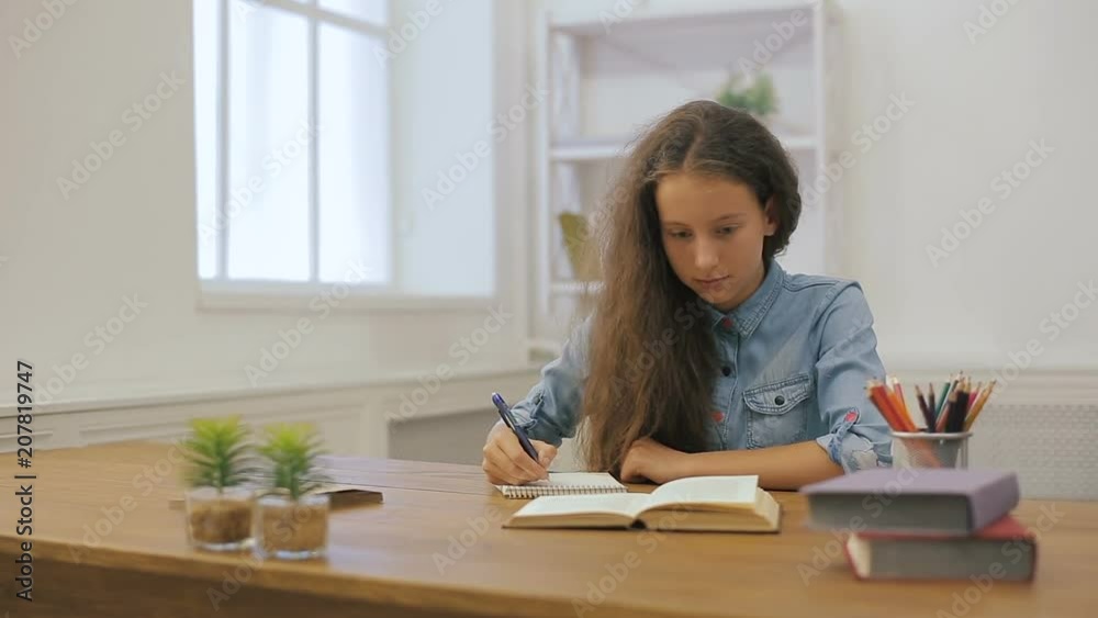 Young girl with laptop computer is doing homework. College education. Female student is studying at home. Young girl with laptop computer is doing homework. College education. Female student is studying at home.