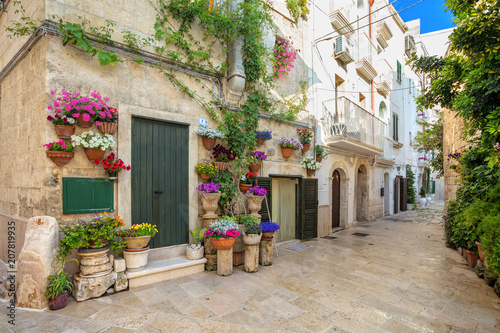 Scenic sight old street in Monopoli, Bari Province, Apulia (Puglia), southern Italy. Monopoli town on the Adriatic Sea. Architecture and landmark of Monopoli, Italy.