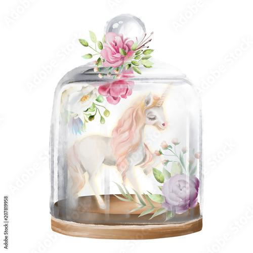 Beautiful, unicorn, magic horse and flowers in a glass mason jar. Fantasy wat...
