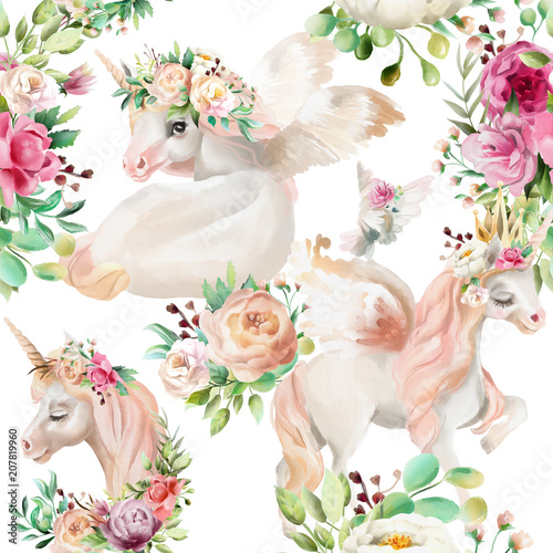 Dekoracja na wymiar  beautiful-watercolor-unicorns-princess-pegasus-in-gold-crown-and-floral-flowers-peony-and-rose-bouquets-and-pigeon-on-white-background-seamless-pattern