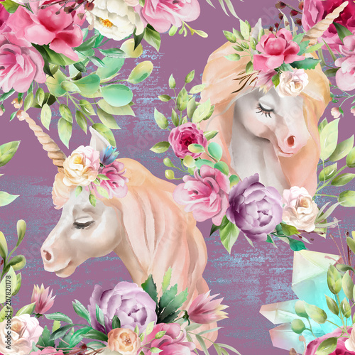 Beautiful watercolor unicorns princess, pegasus with violet and cream peony, ...