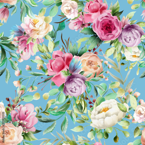 Beautiful, watercolor floral seamless pattern. Violet and cream peoinies, pin...