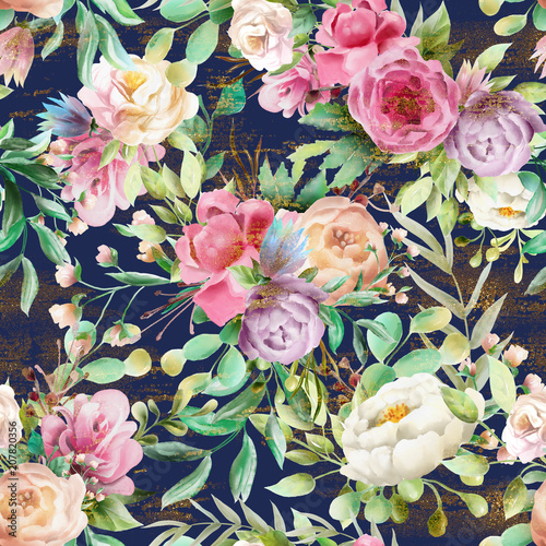 Beautiful, watercolor floral seamless pattern. Violet and cream peoinies, pin...