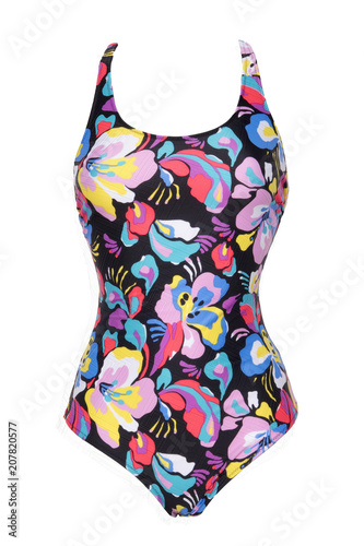 Closeup of sporty colorful one piece swimsuit isolated on white background