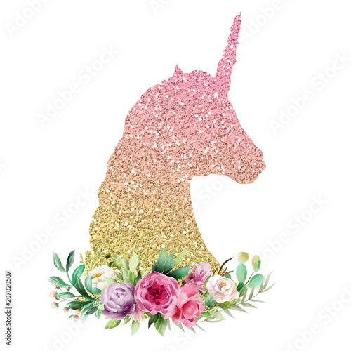 Beautiful, colofrul unicorn, magic horse, pegasus silhouette, rainbow color w...