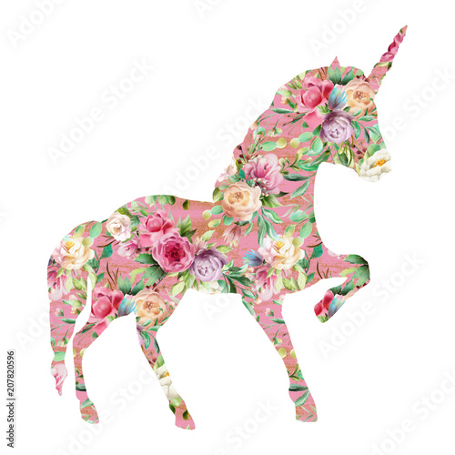 Beautiful unicorn, magic horse, fantasy silhouette, double exposure with wate...