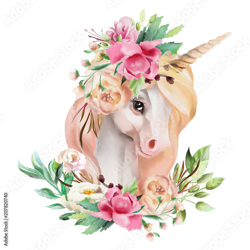 Photo Beautiful, cute, watercolor unicorn head with flowers, floral crown, bouquet iso